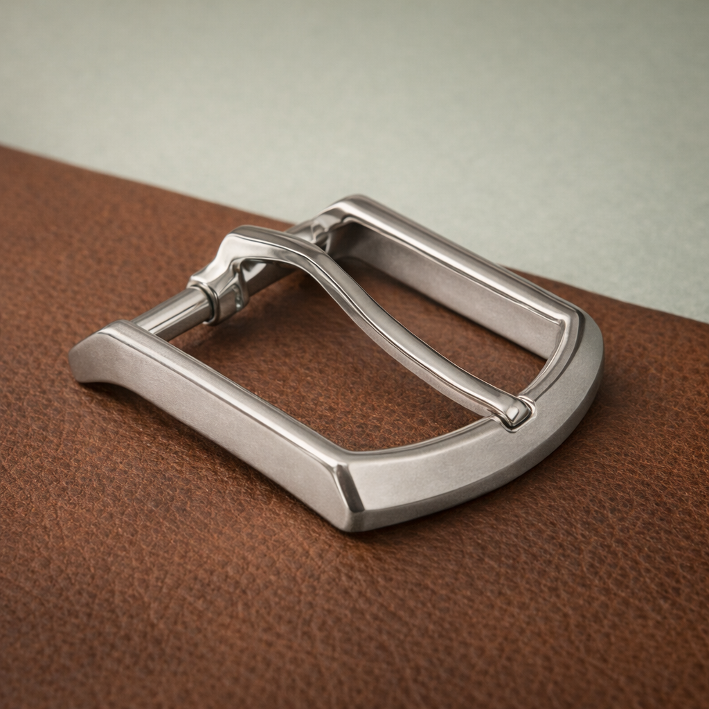 ardiglione fibbia con ardiglione speciale in nickel lucido posta su un tessuto in pelle marrone